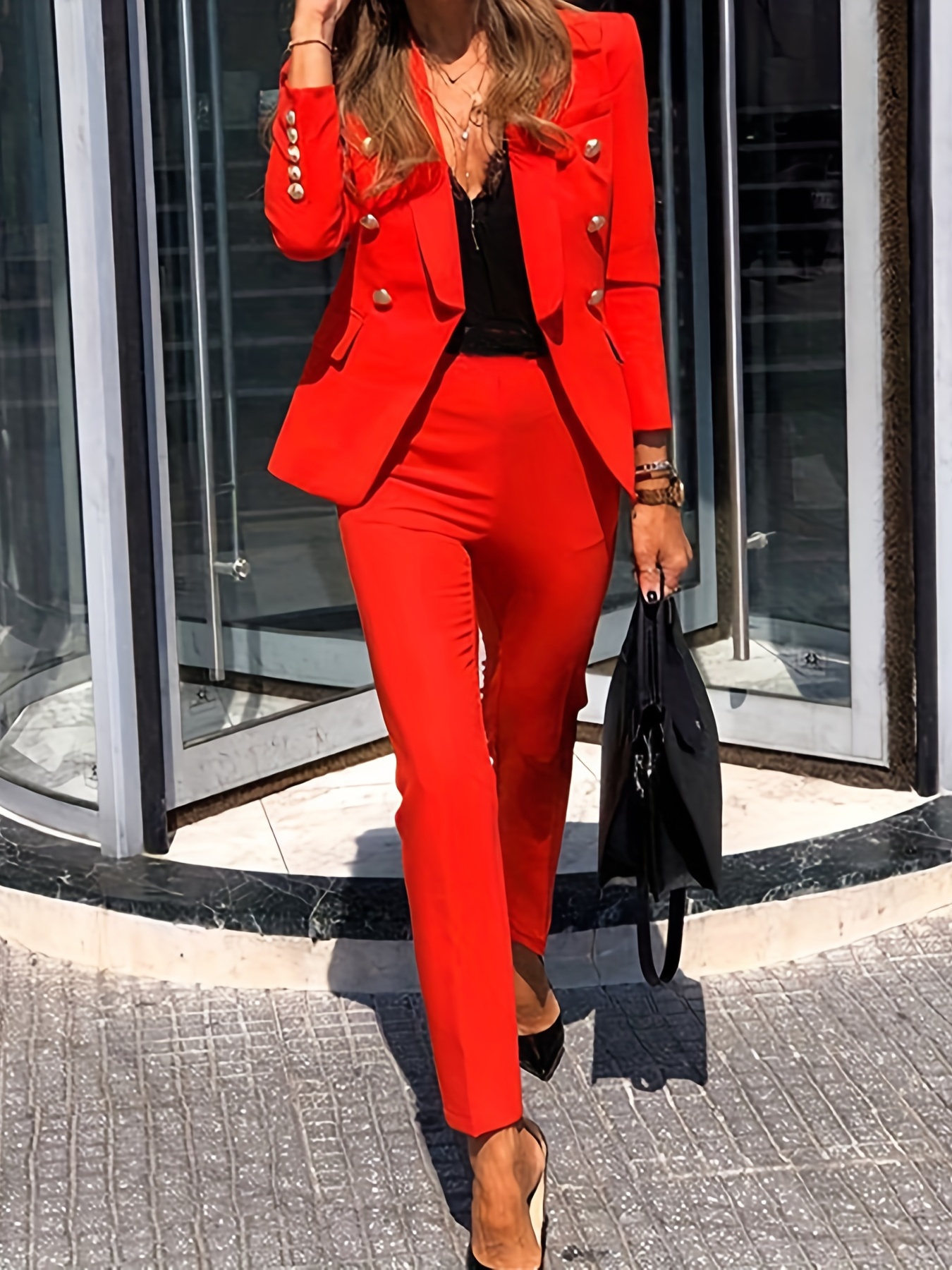 Hot Pink Solid 2-Piece Women Pantsuit Fashion Autumn Formal Outfit