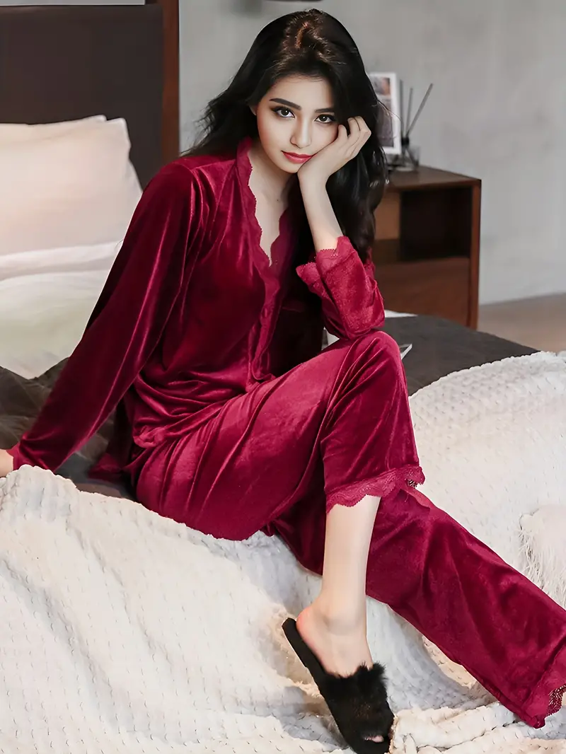 Solid Print Velvet Pajama Set Elegant Lace Trim Long Sleeve - Temu