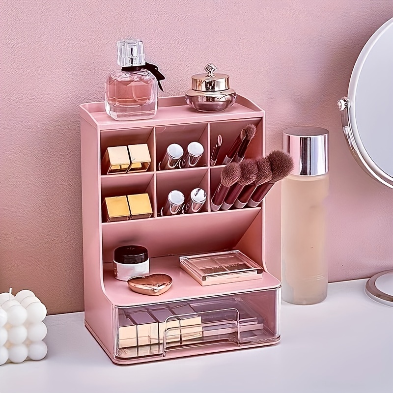 Organizador de maquillaje con forma de huevo, 3 cajones, caja de  almacenamiento de cosméticos, organizador de escritorio, con espejo LED  para baño