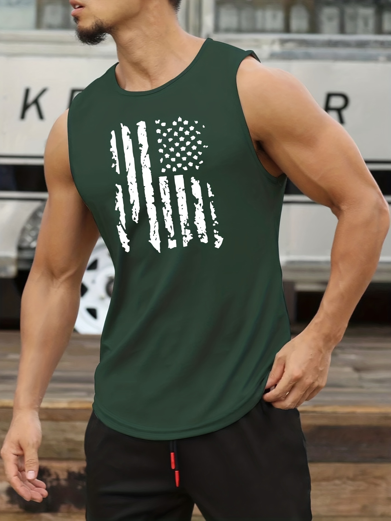 American Flag Print Casual Slightly Stretch Round Neck Tank Top, Men's Tank  Top For Summer Outdoor Gym Workout