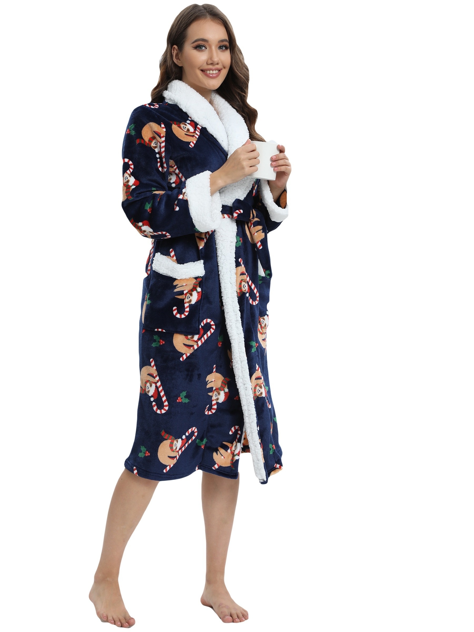 Cute Pig Print Fleece Lounge Robes Warm Long Sleeve Lapel - Temu