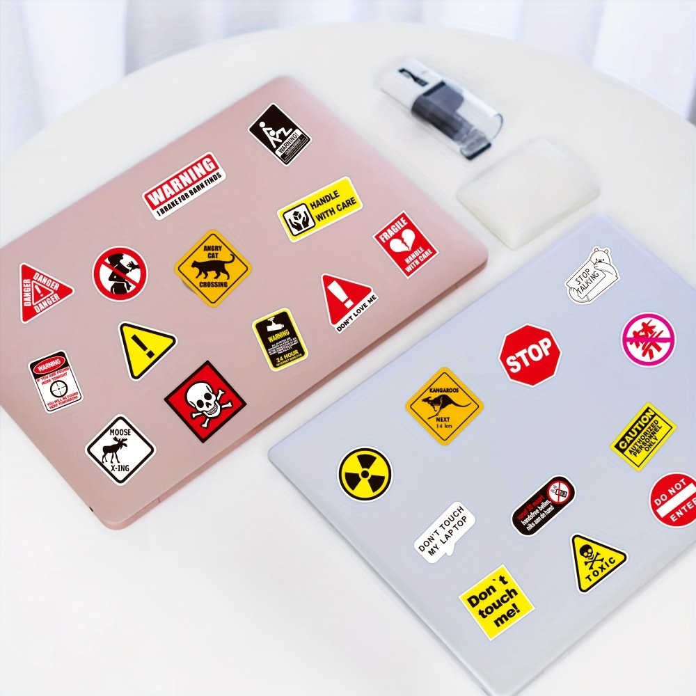 Warning Stickers (50 Pcs), Caution Vinyl Decal, Waterproof Sticker  Prohibition Sign Funny Pack Perfect For Macbook, Water Bottle, Laptop,  Phone, Hydro