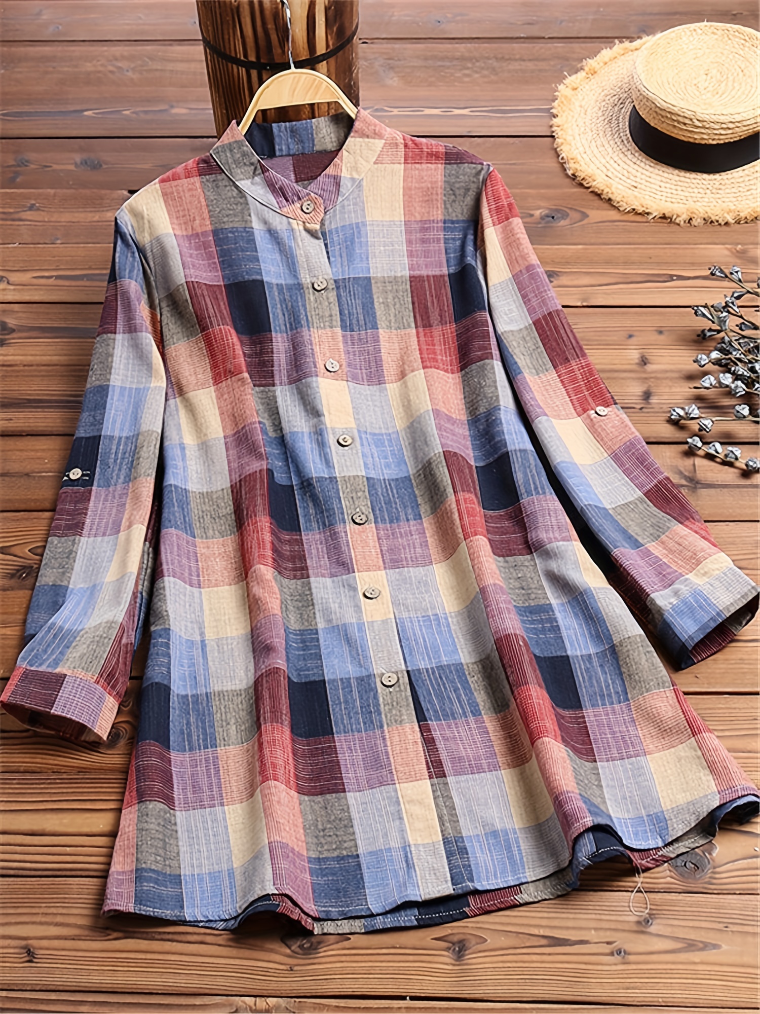 Women Plaid Checkered Roll Up Long Sleeve Tops Casual Midi Shirt