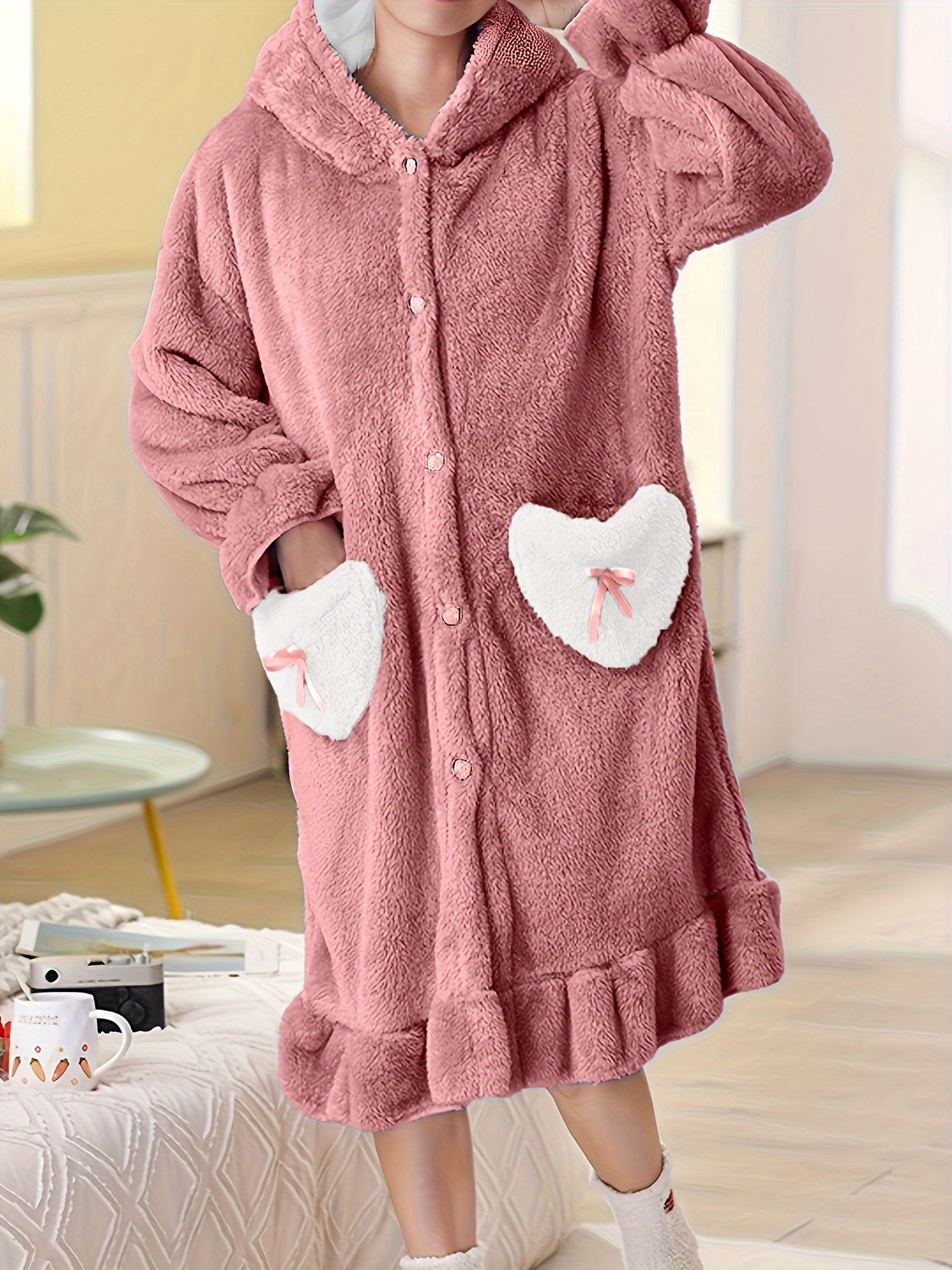 Cartoon Bunny Hooded Fuzzy Robe, Long Sleeve Buttons Ruffle Robe With  Pockets, Women's Sleepwear