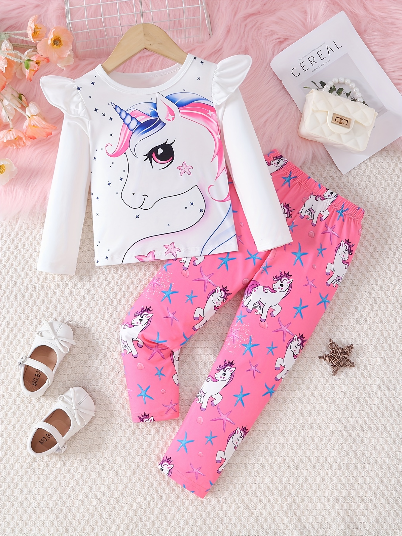 Top legging con dobladillo y pañuelo de unicornio de manga corta para niñas
