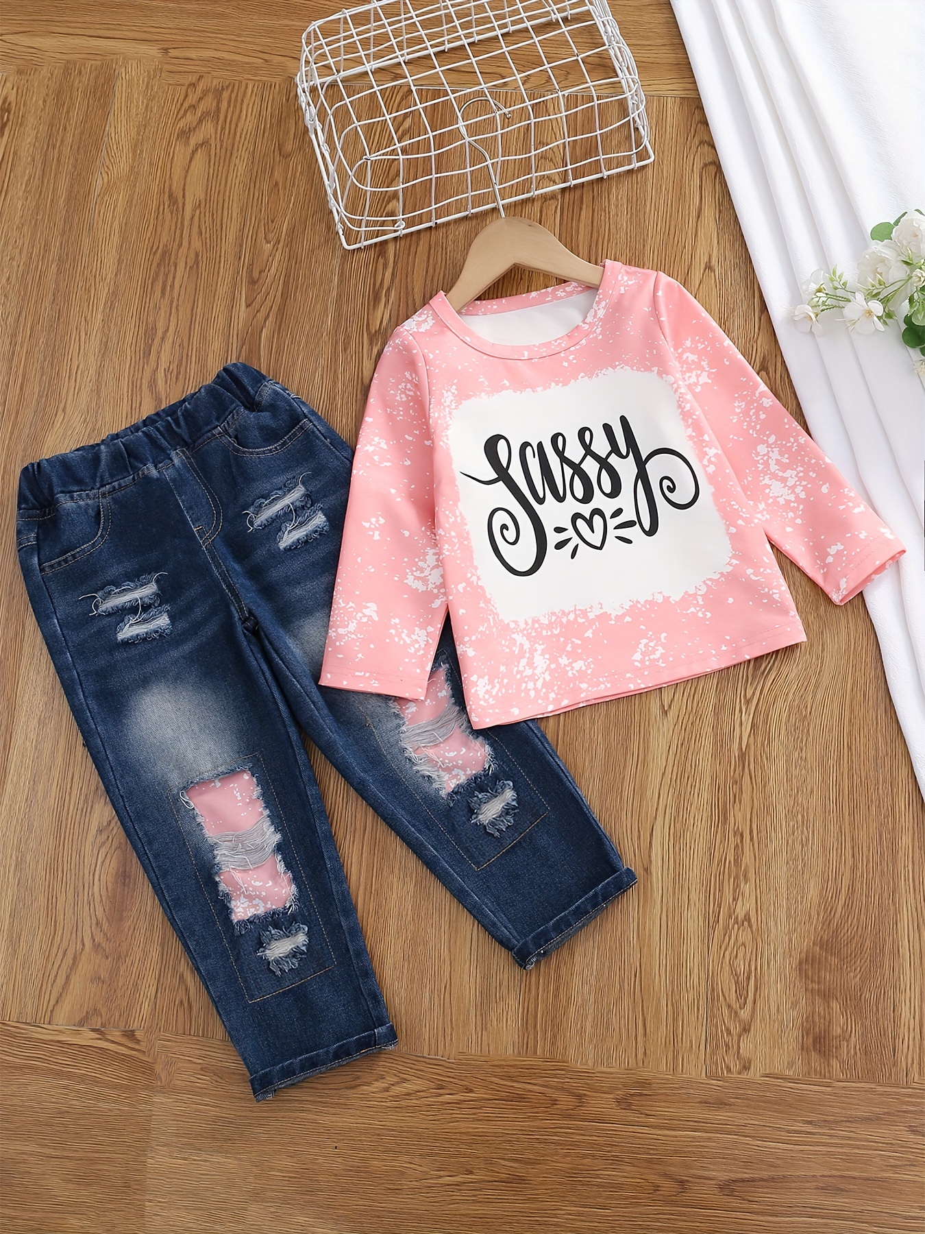 Girl's Casual Outfit Long Sleeve Top Ripped Denim Jeans Set - Temu