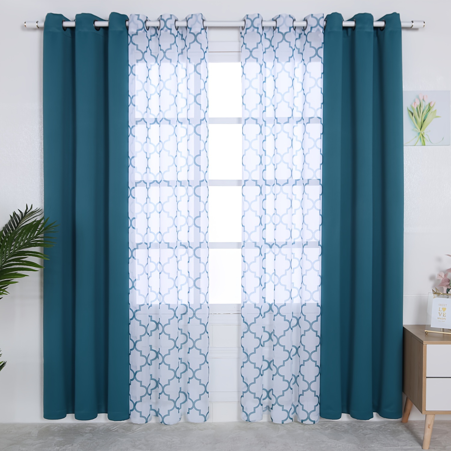 set of blackout curtains and snowflake patterned sheers with rods for indoor use 4 pieces set 200 grams details 9