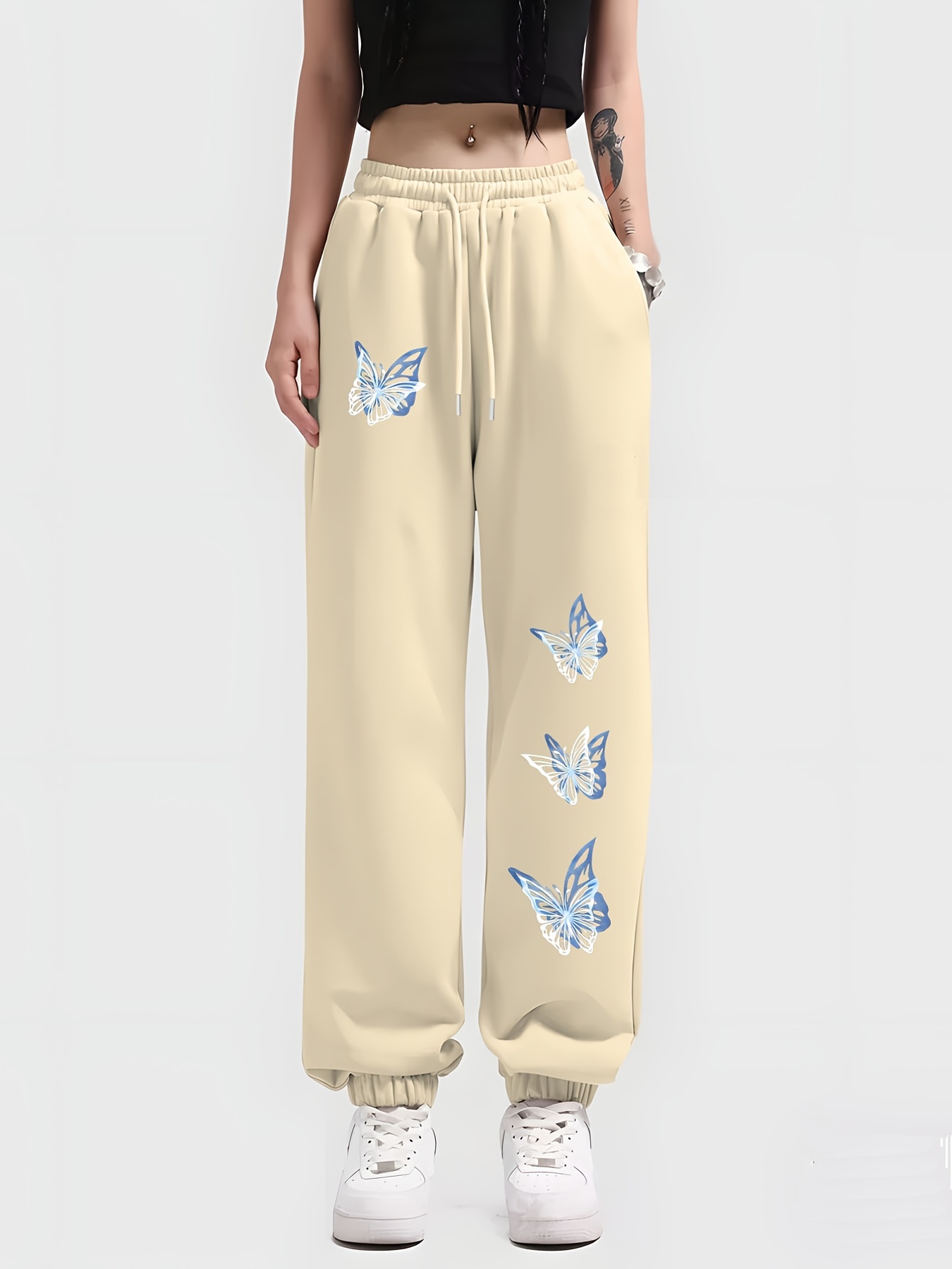 Butterflies Print Solid Color Sweatpants Retro Drawstring - Temu