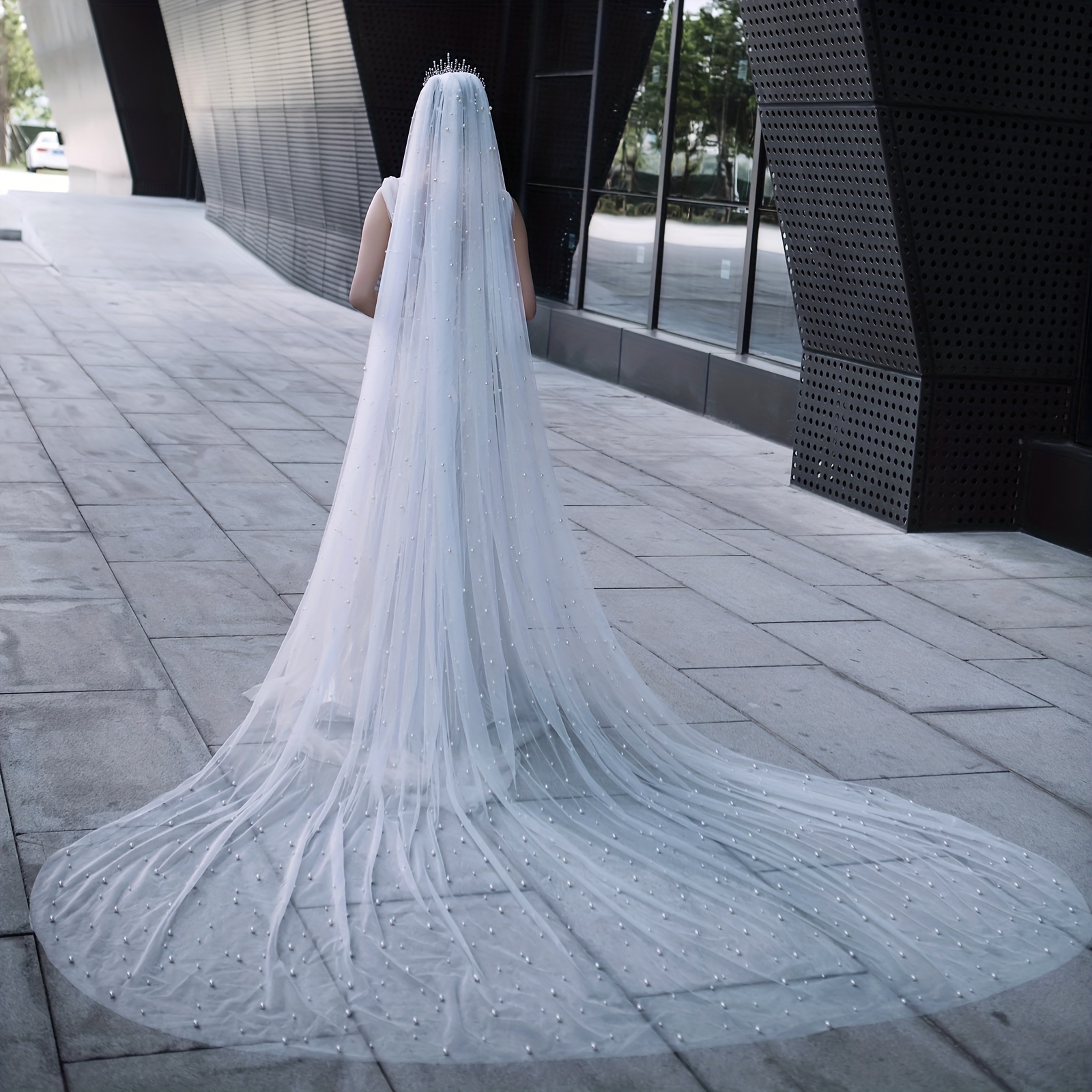 1pc High-end Bridal Veil Cathedral Length Beaded Veil Glamorous Wedding Dress, Dress for Wedding Hair Accessories,Temu