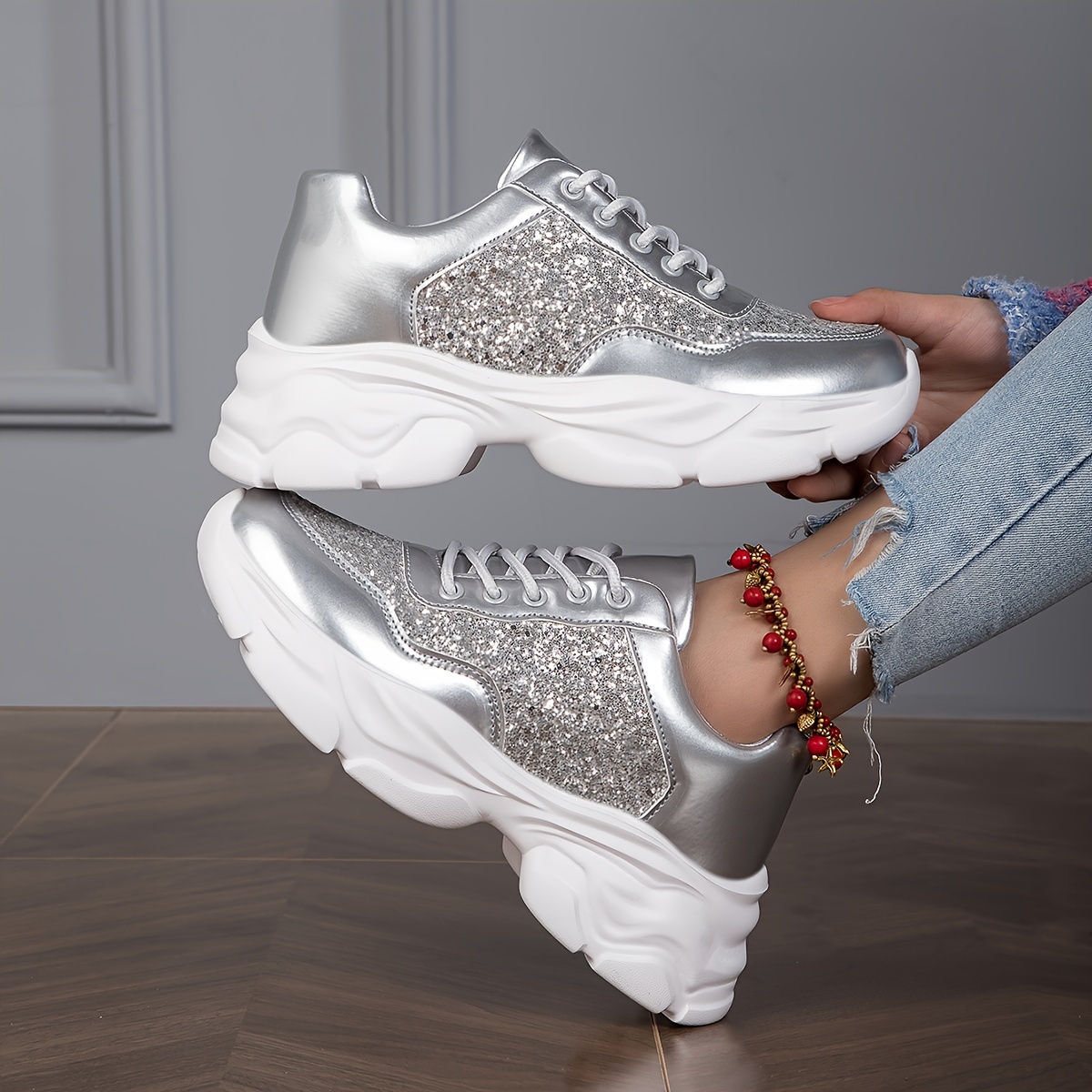 Plateau Sneaker Glitzer Schuhe Damen Sneaker Damen Glitzer Design