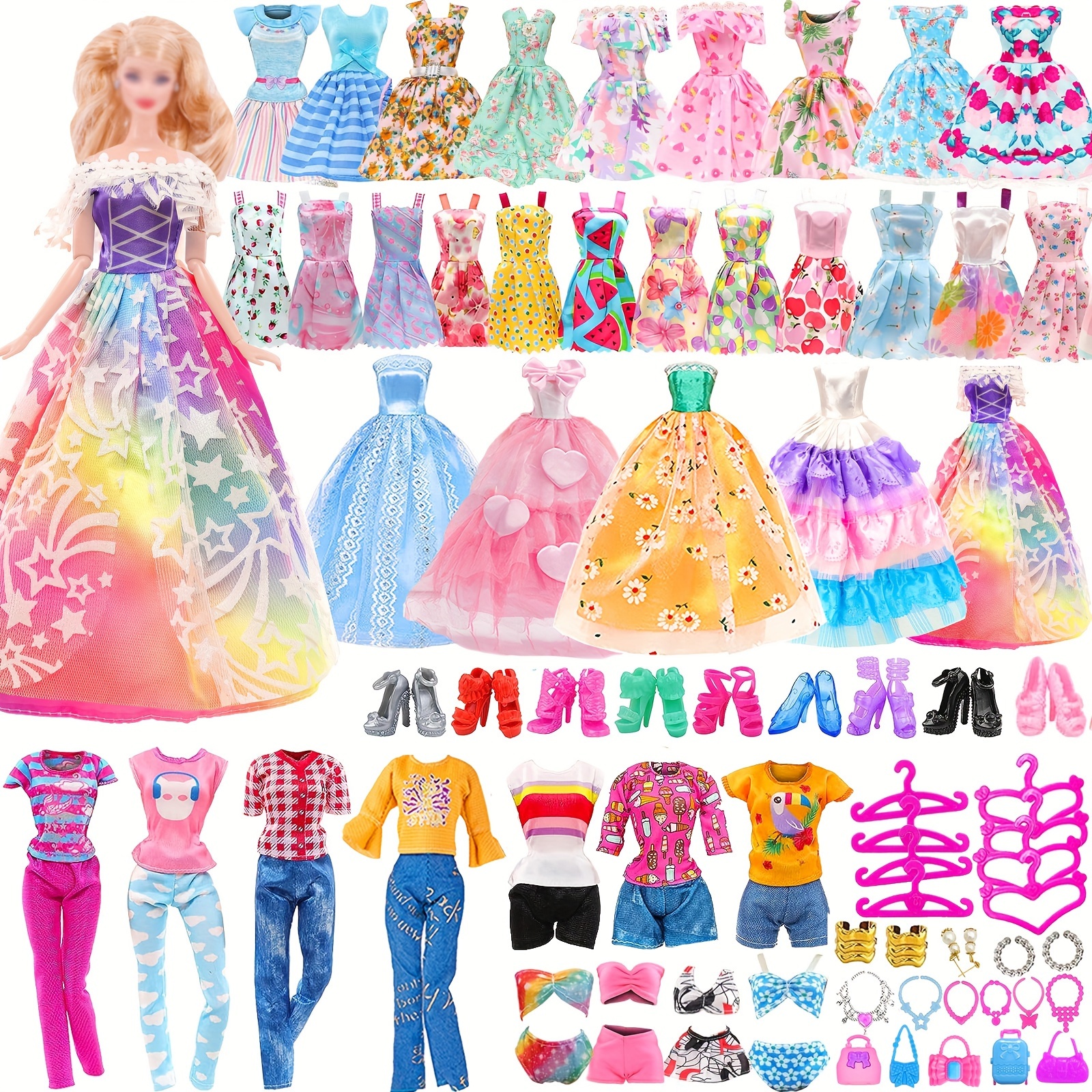 Lot de 17 vêtements et accessoires pour vêtements Barbie, 3 robes à  paillettes, 5 robes dos nu, 2 robes tendance, 2 maillots de bain et 5  chaussures