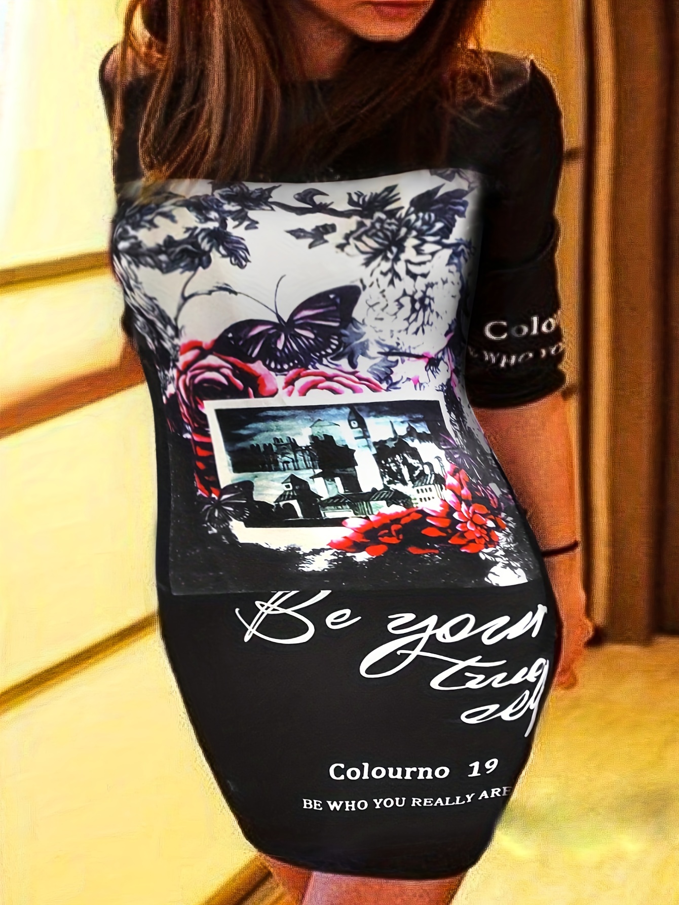 Graphic Print One Shoulder Tee Dress Women's Plus Casual Dress