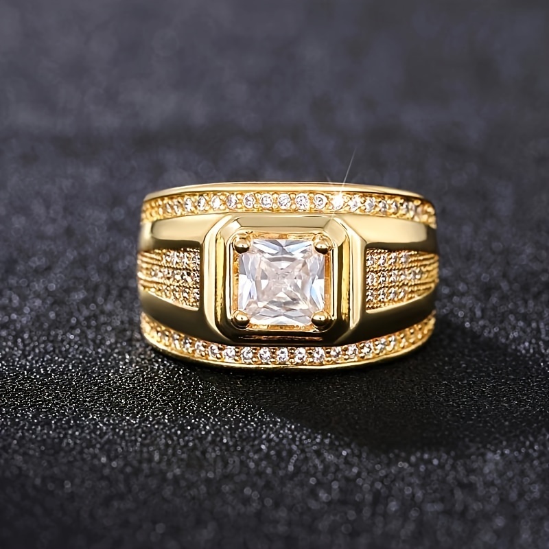 Image of Fashionable And Luxurious 4-claw Synthetic Cubic Zirconiaia Inlaid Men's Business Ring, Unisex Daily Casual Decorative Ring, Engagement And Wedding Ring