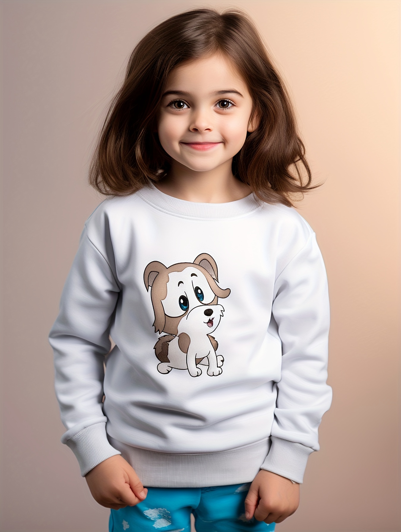 Kids Girls Puppy Brown Spot Blue Eyes Print Long Sleeve - Temu New Zealand