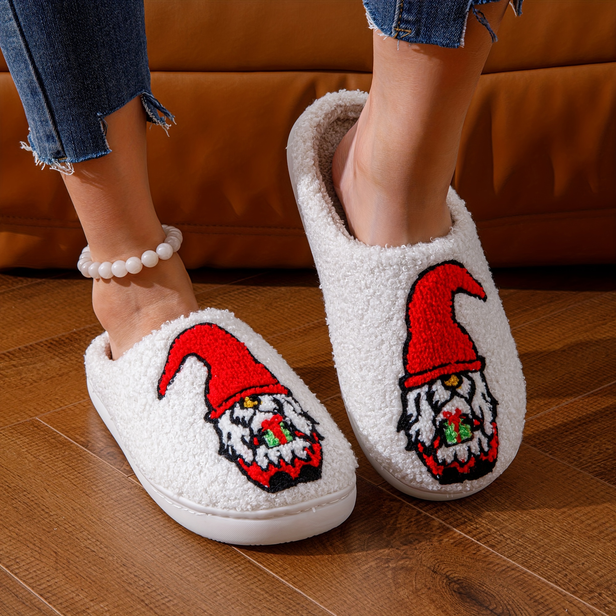 cartoon christmas deer print slippers slip on round toe non slip fuzzy warm home slippers plush cozy indoor shoes 2