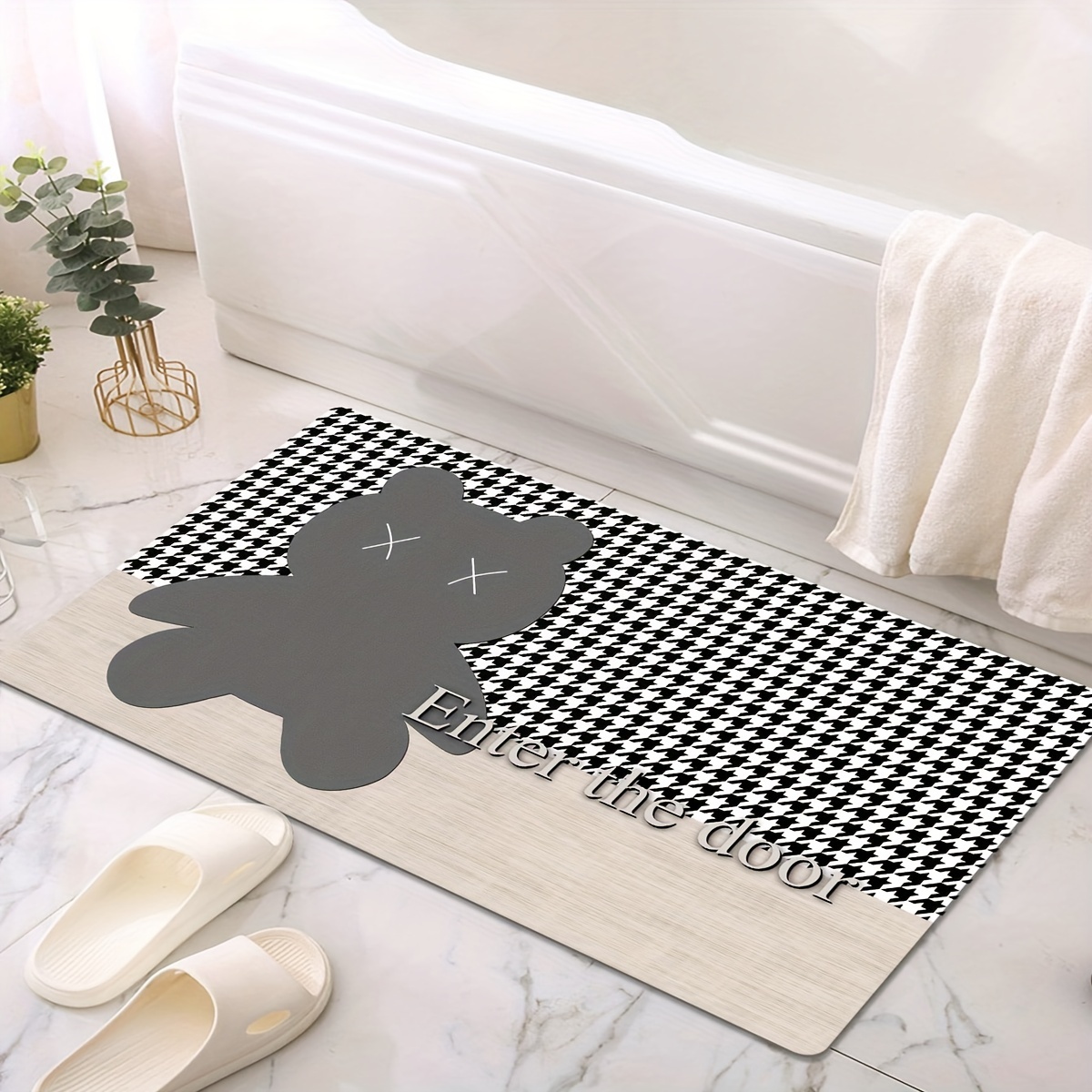 Home Decor Anti-slip Carpet Mat Black White Checkered Pattern Silicone  Floor Mat Modern Bedroom Carpet Diatom Mud Material