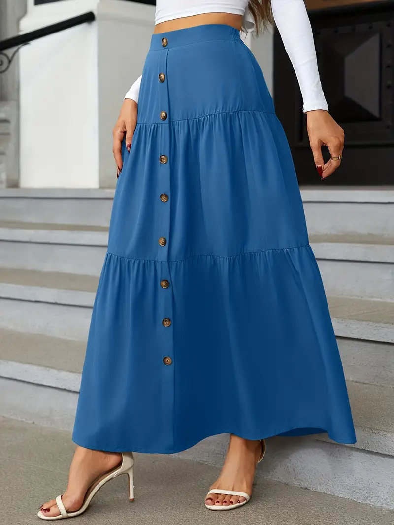high waist tiered skirts casual solid button front maxi skirts womens clothing details 19