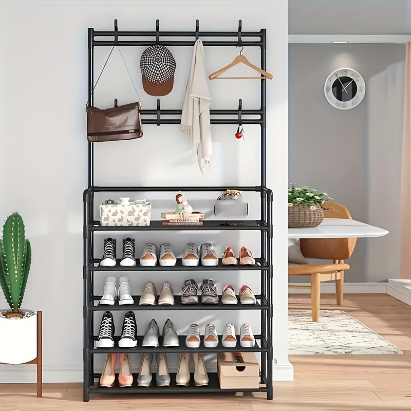 Space-saving Black Metal Shoe Rack With Hooks For Entryway Organization And  Storage - Temu