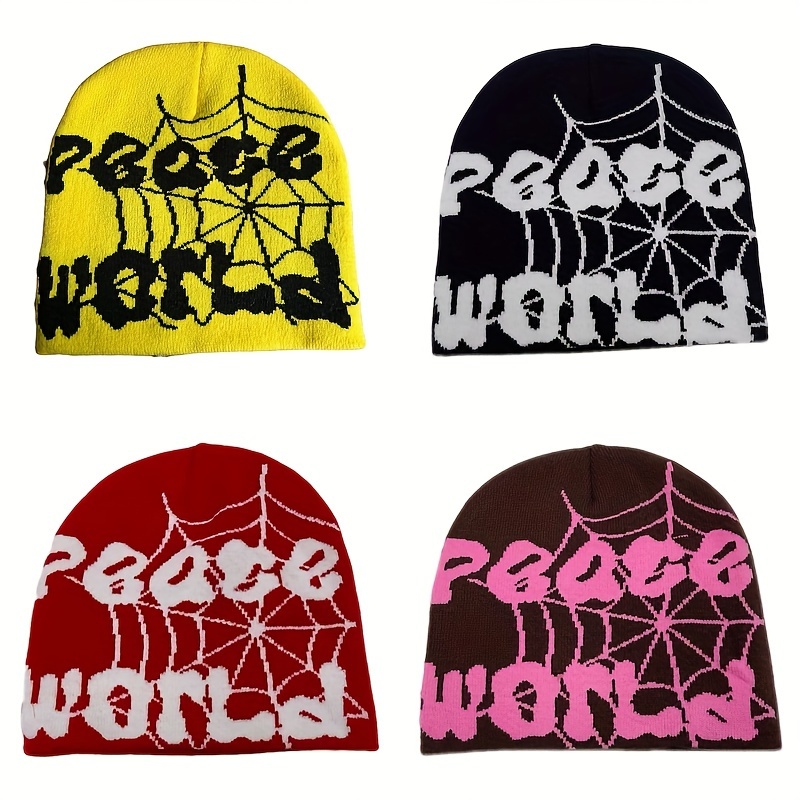 Spider Web Letter Jacquard Y2k Beanie Gothic Elastic Knit - Temu