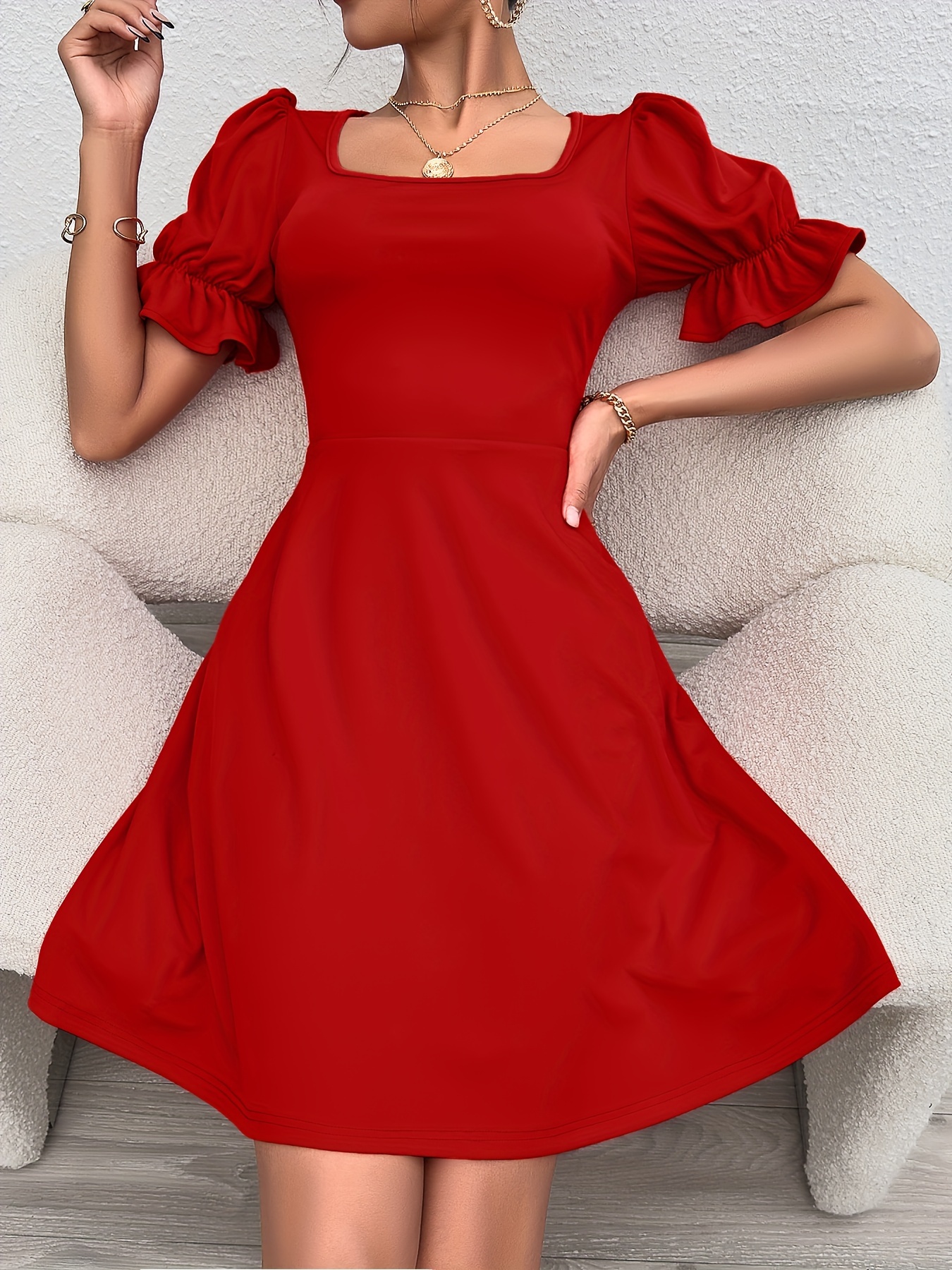   neck dress elegant puff sleeve a line dress womens clothing