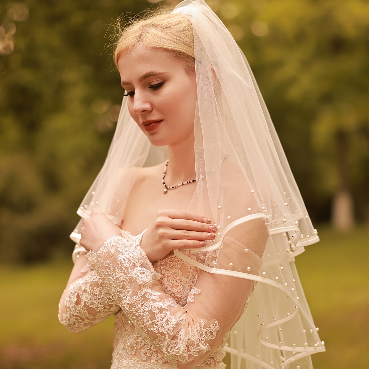 1pc Women Faux Pearl Decor Luxury Bridal Veil For Wedding Party