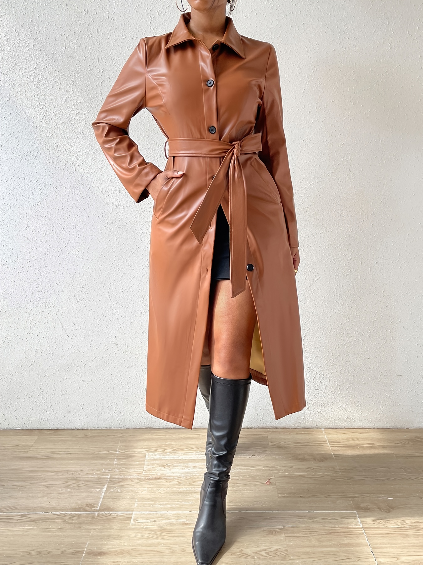 Solid Double Breasted Belted Overcoat Versatile Long Sleeve - Temu