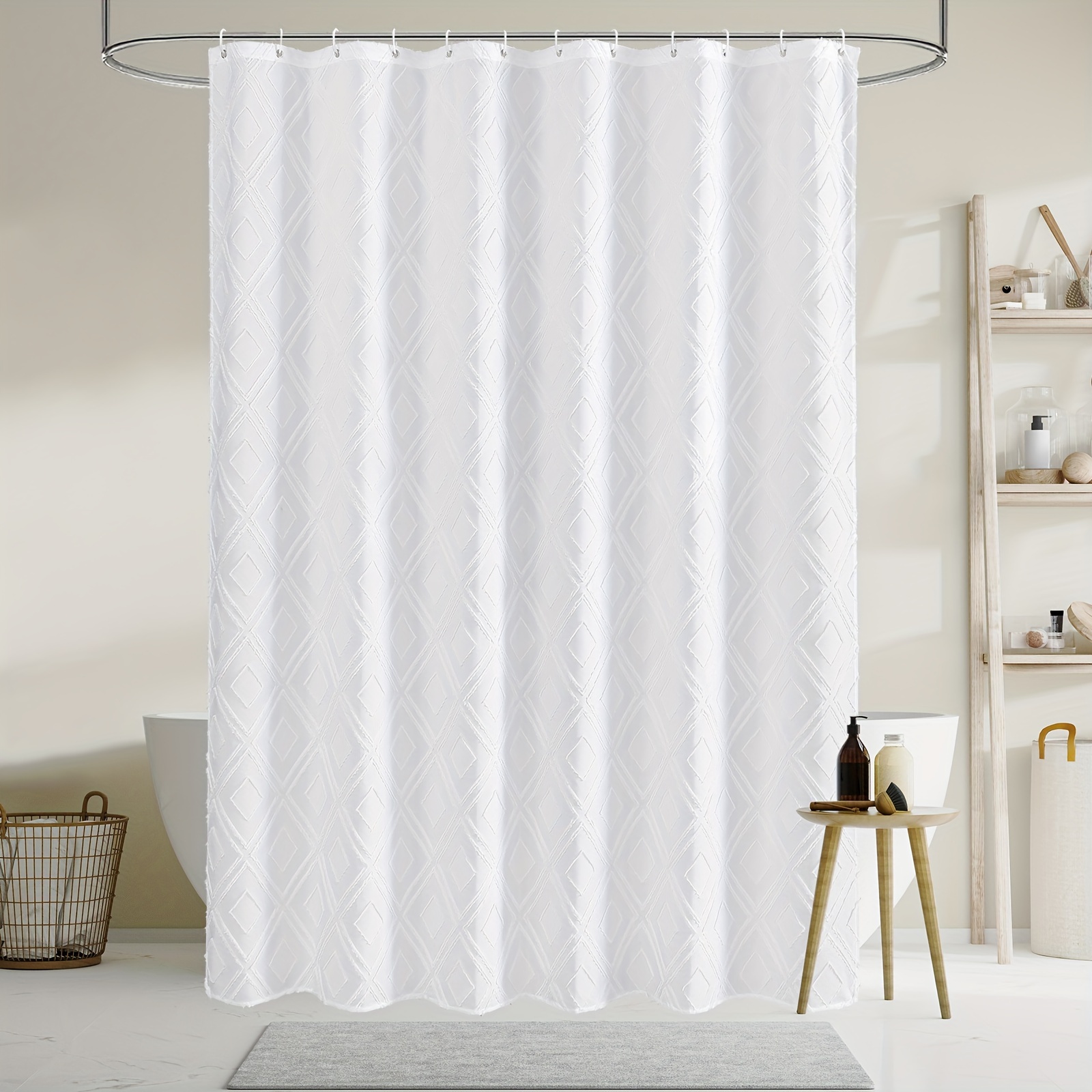 1pc Tufted Shower Curtain For Bathroom, Modern Farmhouse Boho Shabby Chic  Textured Soft Fabric Shower Curtain Set With Hooks, 3D Look Diamond Design