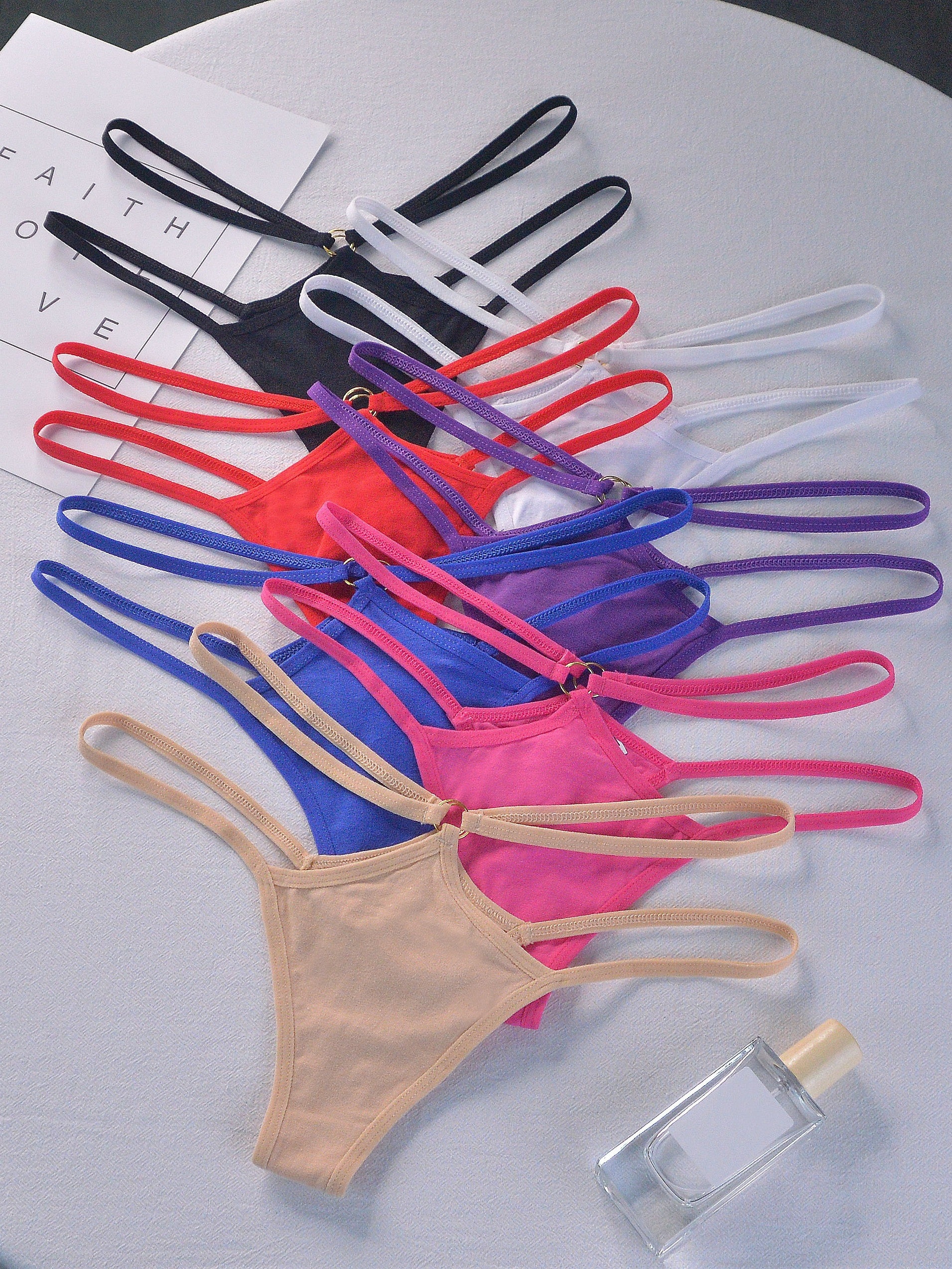 7pcs Ring Linked Ribbed Thongs, Low Waist Stretchy Intimates Panties,  Women's Lingerie & Underwear