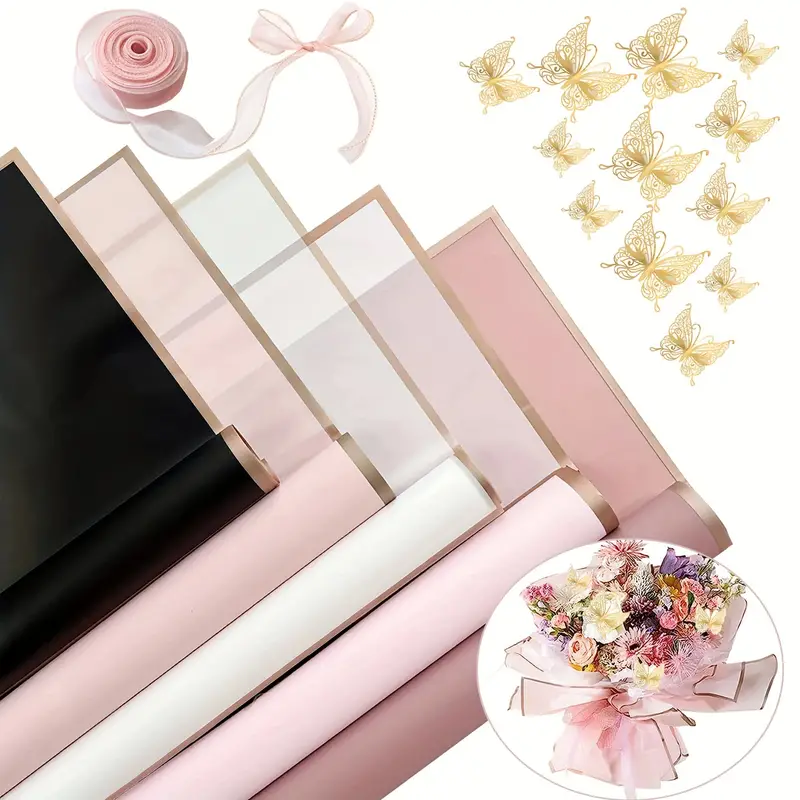  BEISHIDA 20 PCS Flower Wrapping Paper Pink,Waterproof Floral  Wrapping Paper with 3D Butterfy Stickers for Bouquets Packaging Florist  Supplies Valentine's Day Gift Wrap Paper (Gold Edge) : Health & Household