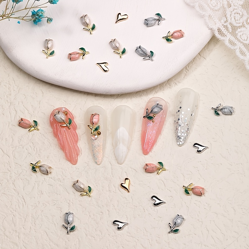 10pcs Tulip Flower Nails Charms 3D White Pink Alloy Rose Flower