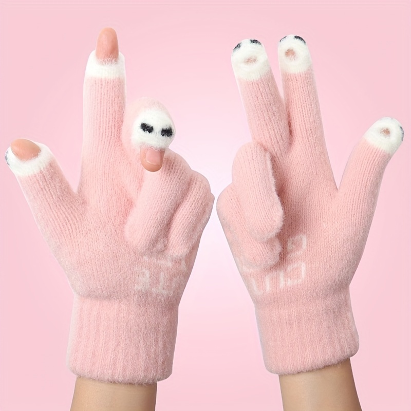 

1pair Winter Cute Cartoon Warm Students Play Mobile Phone Writing Touch Screen Riding Knitting Plush Gloves