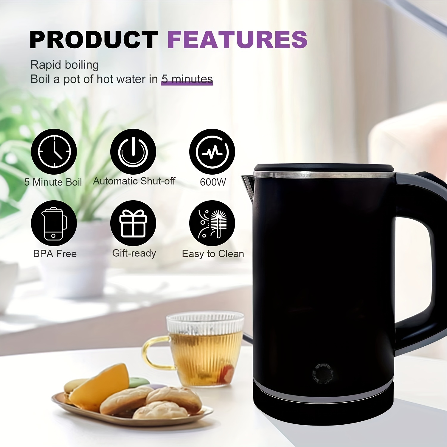 Electric Kettle, Portable Electric Teapot, Double Wall,304 Stainless Steel  Kettle With Convenient Pouring Port And Automatic Closing Function, Coffee  Hot Kettle, Summer Winter Drinkware, Home Kitchen Travel Accessories - Temu
