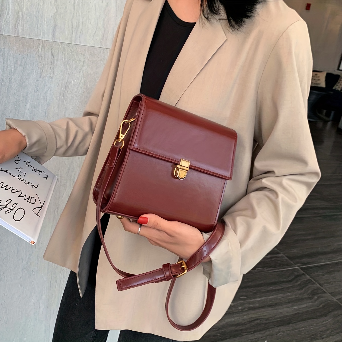 Mini Flap Crossbody Phone Bag, Letter Print Shoulder Bag, Women's Studded Decor Square Purse (4.7*6.7*3.7) inch,Khaki 10.99,Geometric,Temu