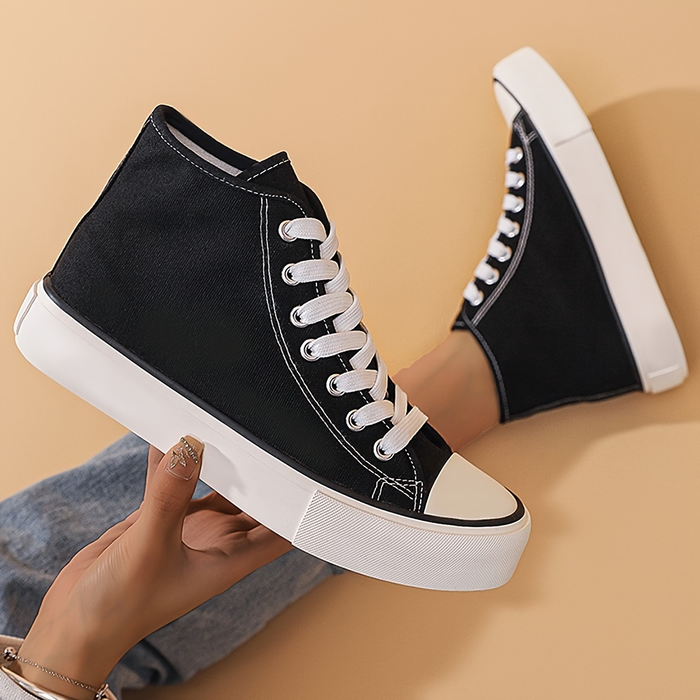 Women's Platform Canvas Shoes Casual Round Toe Solid Lace - Temu