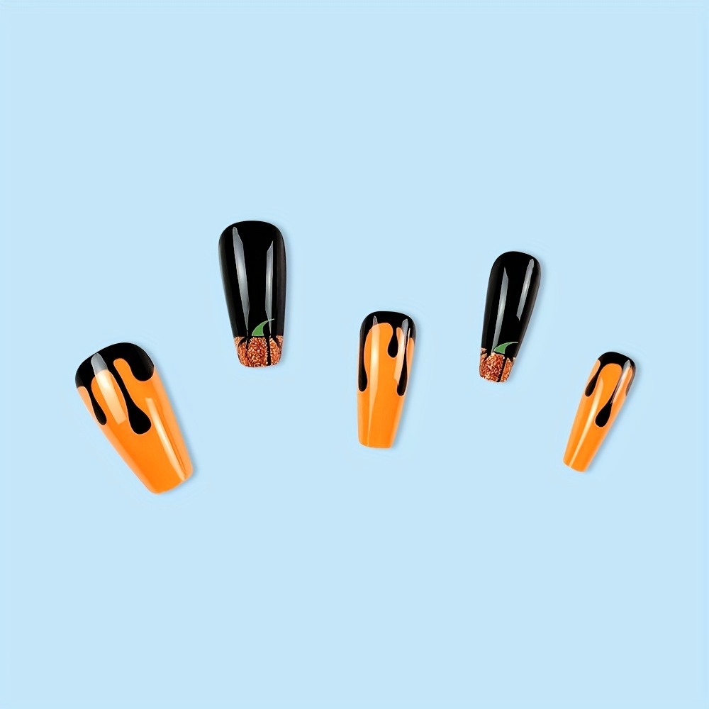 24pcs Halloween Orange Press On Nails with Glitter and Pumpkin