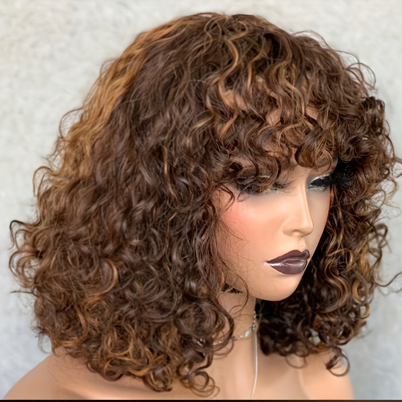 250D Highlight Color Short Curly Bob Human Hair Wig with Bangs - Glueless Brazilian Remy Hair Wig for Women, Natural Look, Versatile Style, Suitable for All Light Beige Tones, Easy to Wear for Parties & Everyday Use, Versatile Hairpiece | Natural Hairline Wig | Highlighted Wig, Wig Accessories