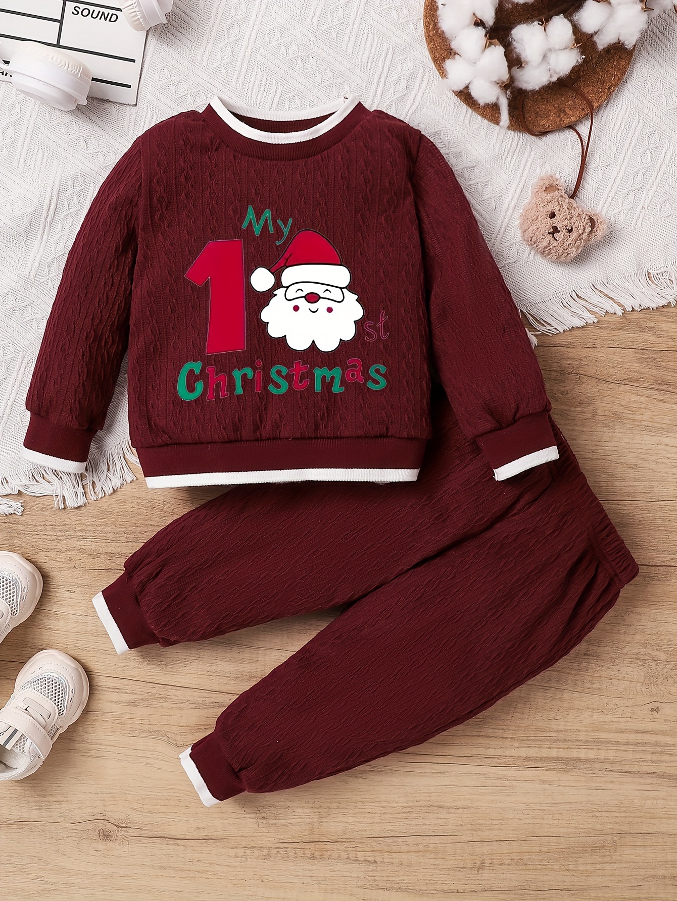 Ensemble de vêtements de jeu 2 pièces unisexe pour bébé à manches longues  My First Christmas Body et pantalon en tricot rayé