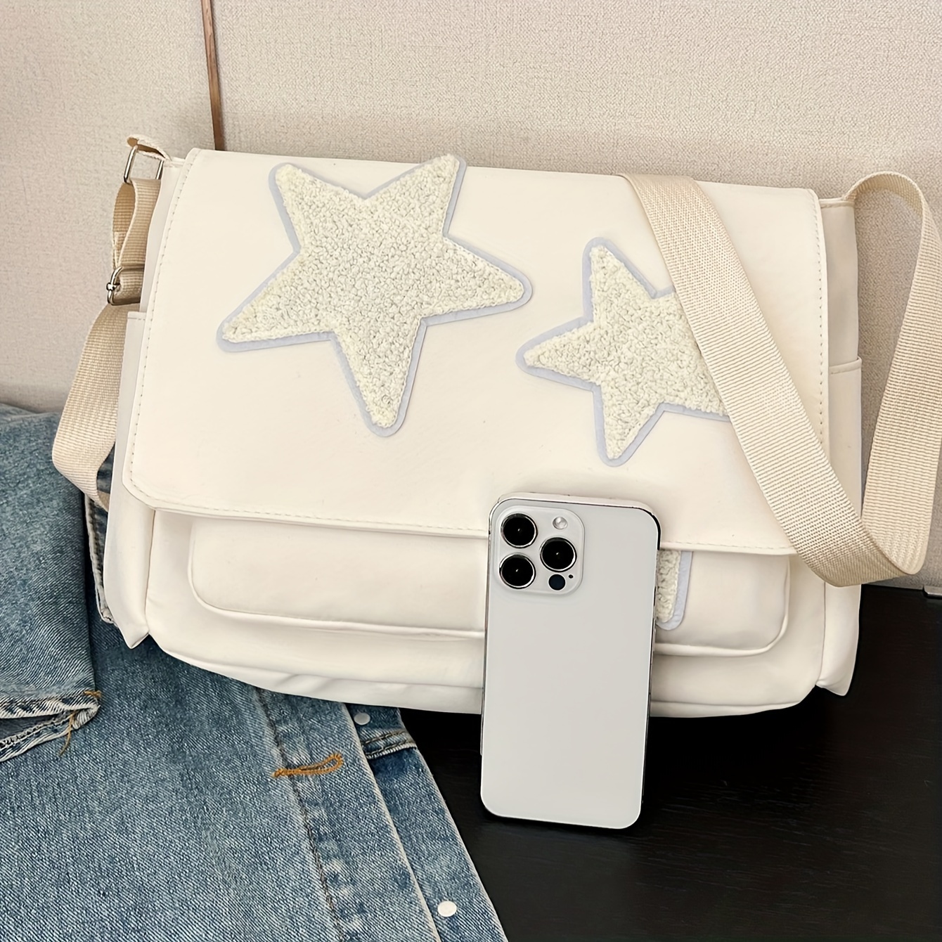 Aesthetic Nylon Crossbody Bag Cute Star Patch Decor Shoulder - Temu