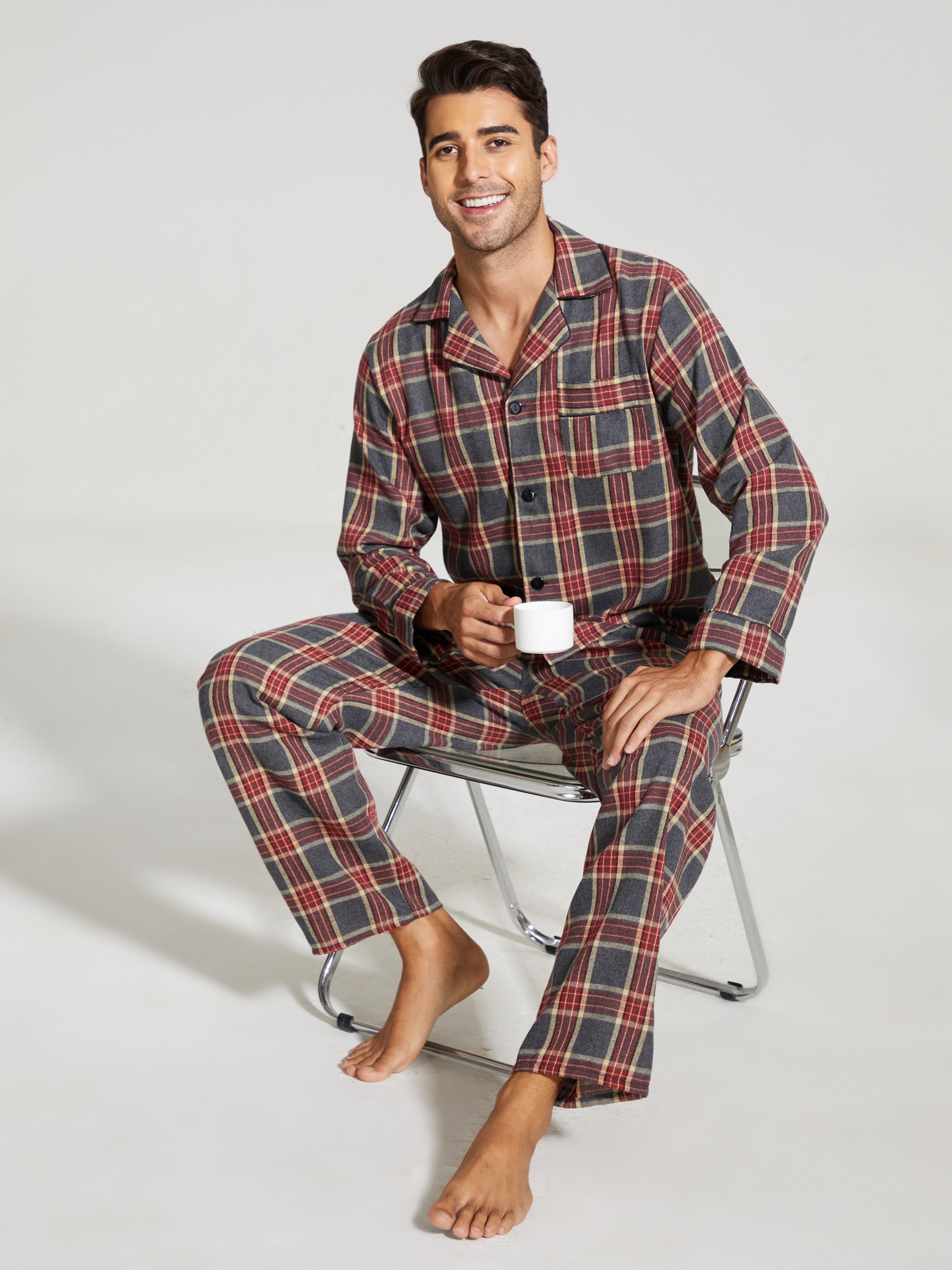 Classic Fashion Casual Thick Men's Pajama Set Plaid Button - Temu Canada