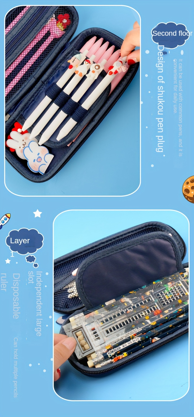 Estuche de lápices Kawaii con 3 alfileres estético, material escolar Kawaii  estacionario (azul)