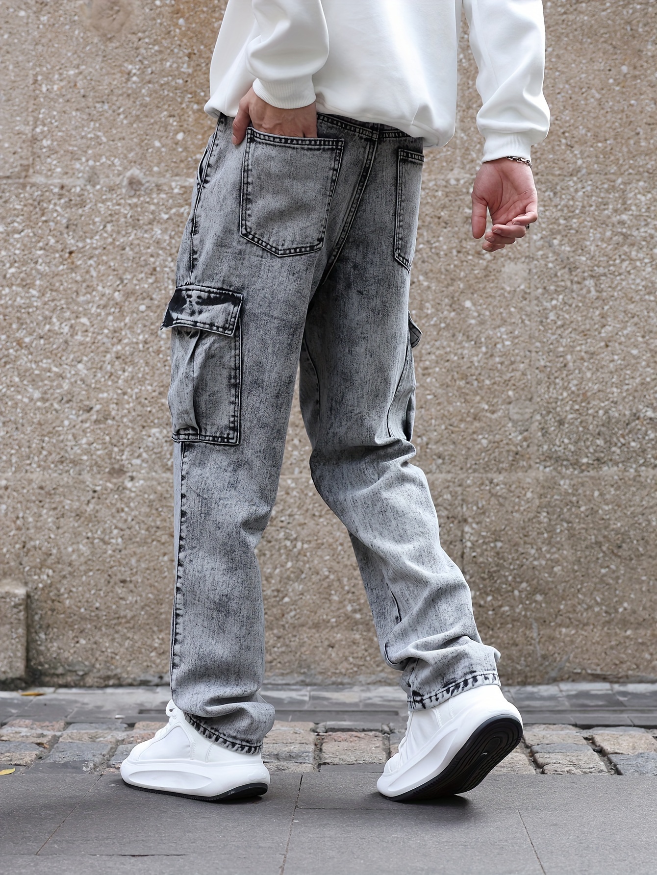 Loose Fit Flap Pocket Jeans Men's Causal Street Style Cargo - Temu