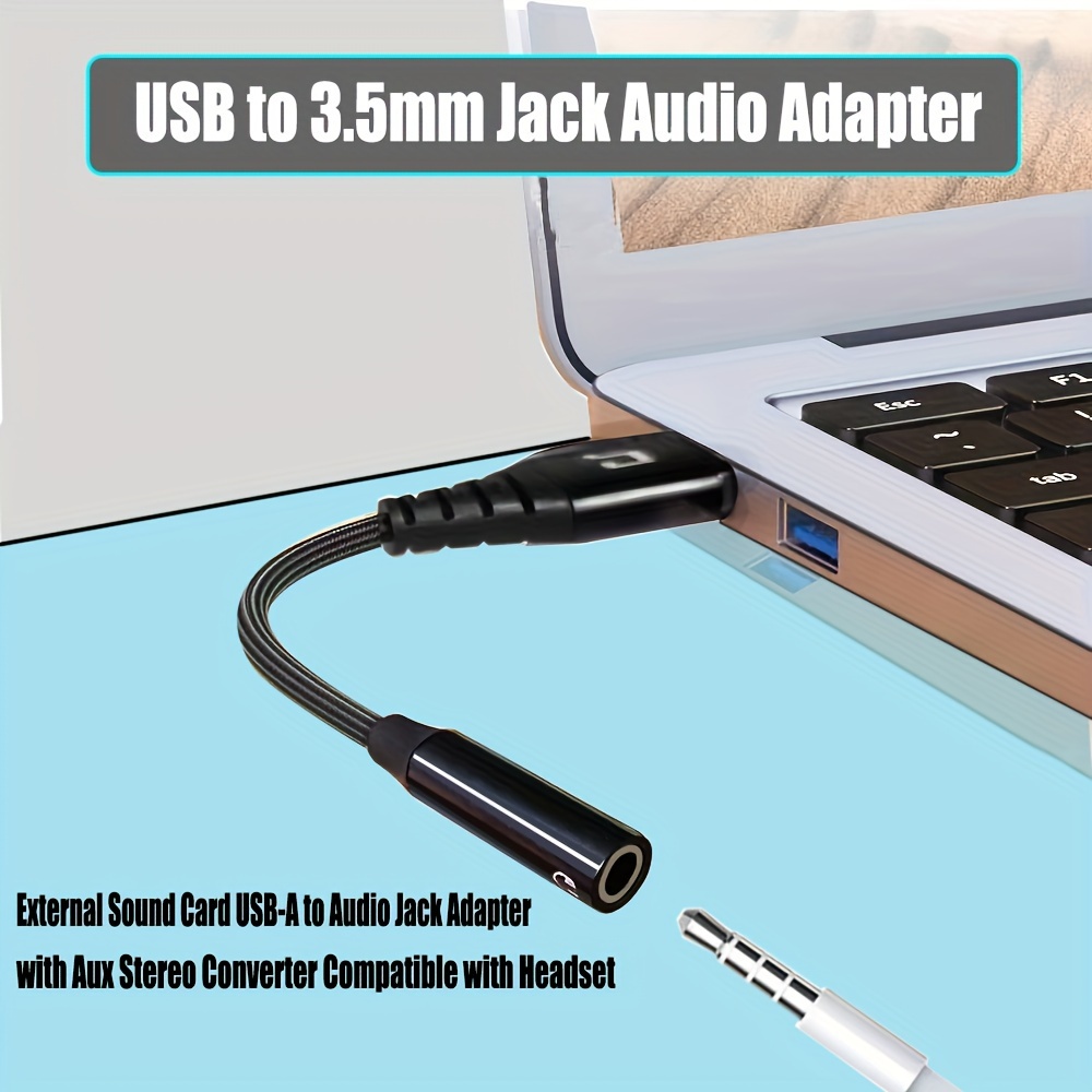 USB Audio Adapter,USB To 3.5mm Audio Jack Adapter, USB External Sound Card  Audio Adapter with 3.5mm Headphone and Microphone Jack(Black/20cm)