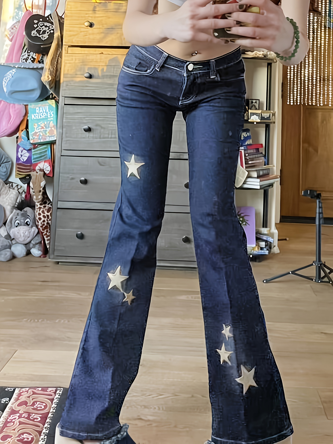 Blue Star Print Flare Jeans High Stretch Y2k Style Bell - Temu