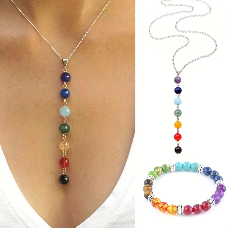 7 Chakra Gemstone Beads Necklace & Bracelet Set for Yoga Balancing