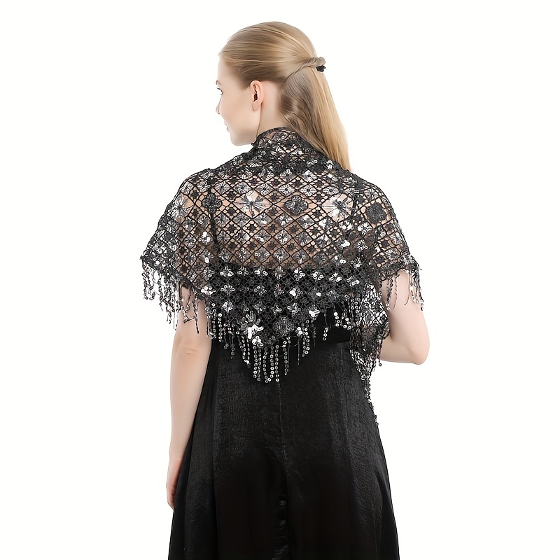 Sequin Decor Triangle Scarf Floral Hollow Out Solid Shawl