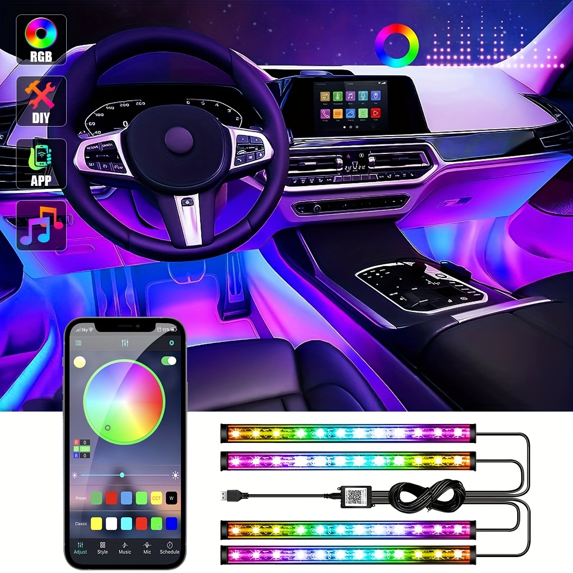 48 Leds Interior Car Lights With Smart App Control, Dc12v