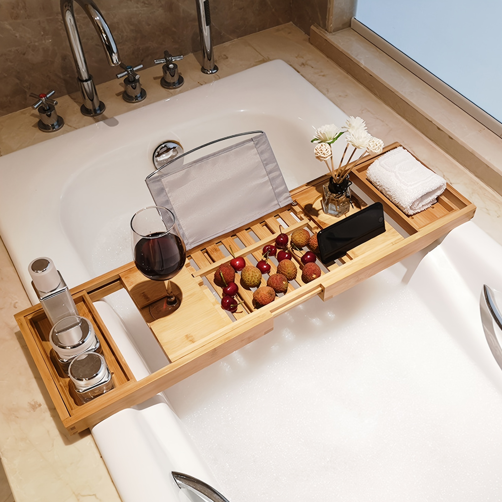 Adjustable Bamboo Bath Caddy Tray With Free Soap Dish - Temu