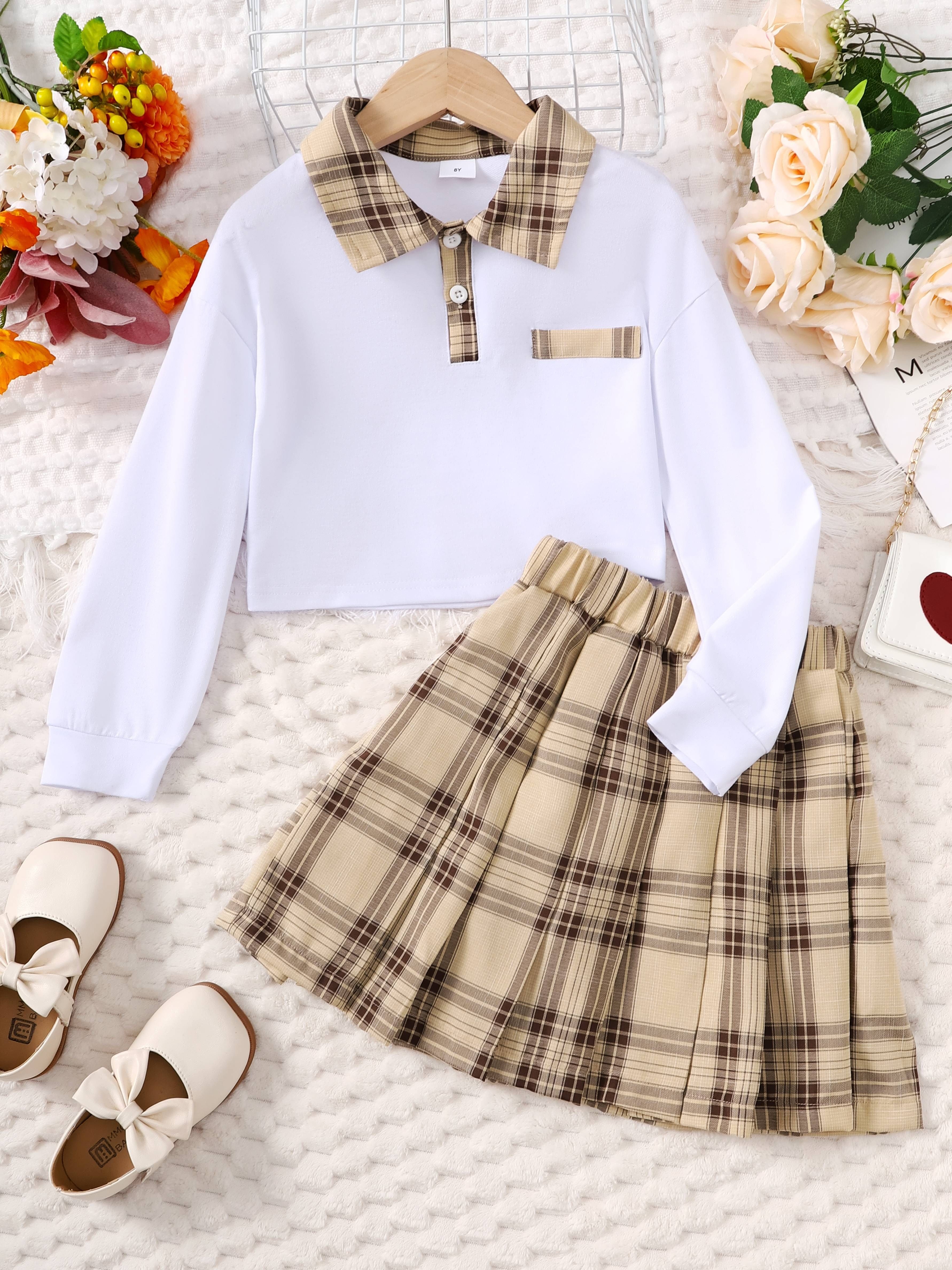 Girl's Preppy Style Outfit Shawl Decor Shirt Plaid Pattern - Temu Malta