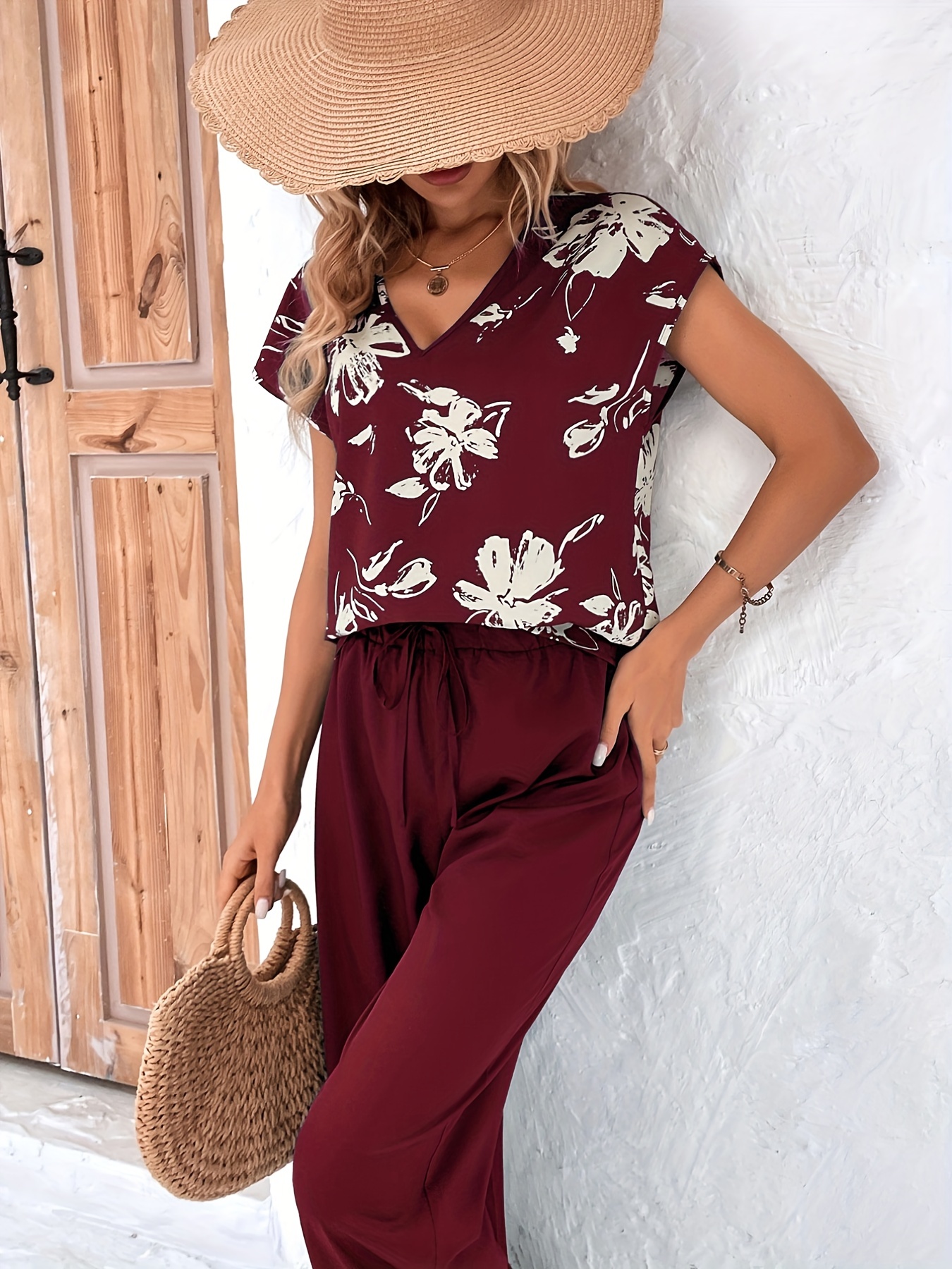 Women Shirt Pants Set Elegant Fashion V Neck Floral Print Long