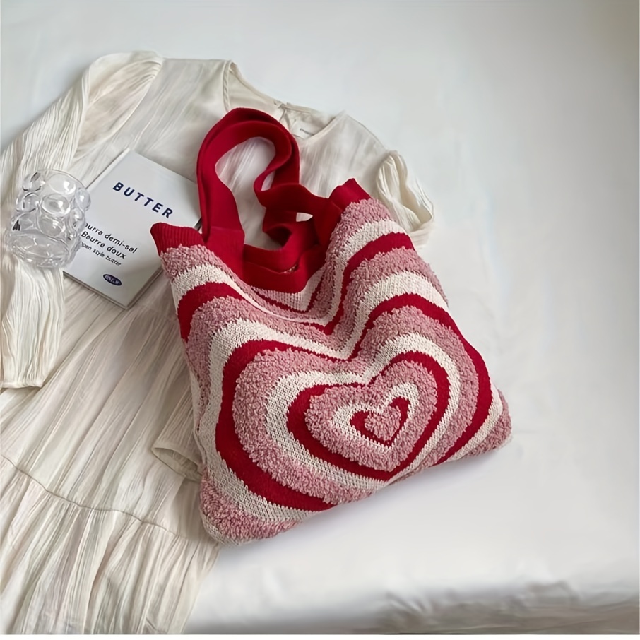 Women Knitted Shoulder Bag Crochet Heart Pattern Large Capacity